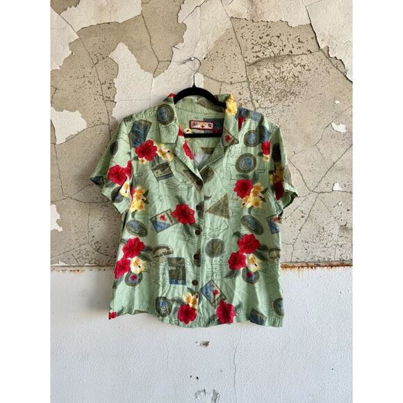 Caribbean Joe Vintage Hawaiian Short Sleeve Green Floral Women’s Medium - Picture 1 of 4